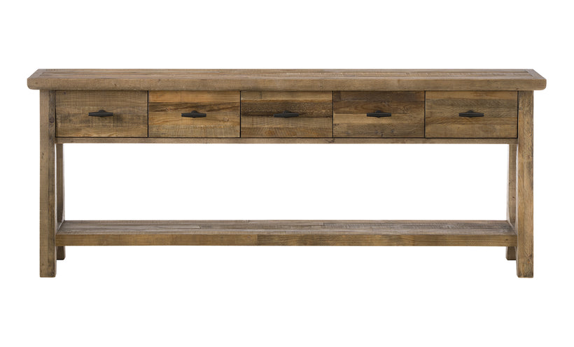 Wooden console table with four drawers on a white background